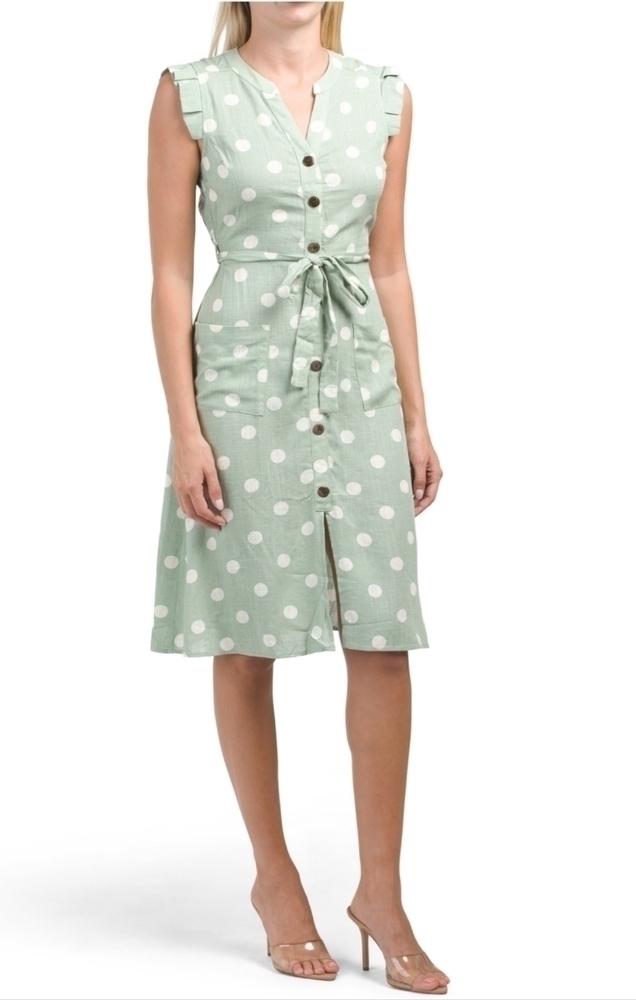 MONTEAU Tie waist Button Polka Dot Green Midi Dress - Picture 1 of 5